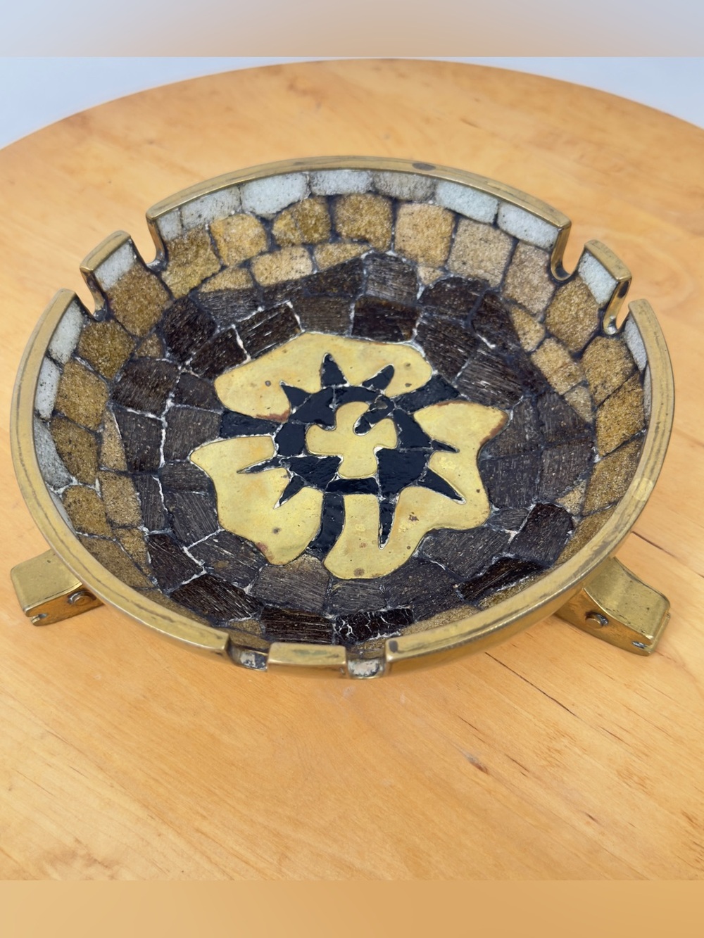 Mid-Century Mexican Artist Salvador Teran Mosaic Tile Brass Footed Ashtray Bowl